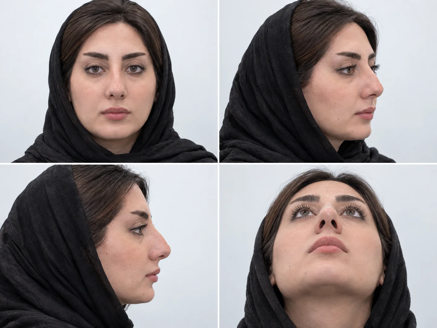 نماهای استاندارد ارزیابی بینی بزرگ و بلند پیش از رینوپلاستی شامل فرونتال، اُبلیک، لترال و بازال